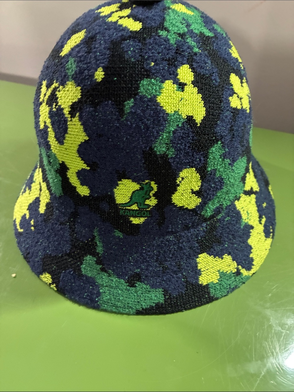 Kangol  Navy Bucket Hat with Neon Yellow & Green Camo